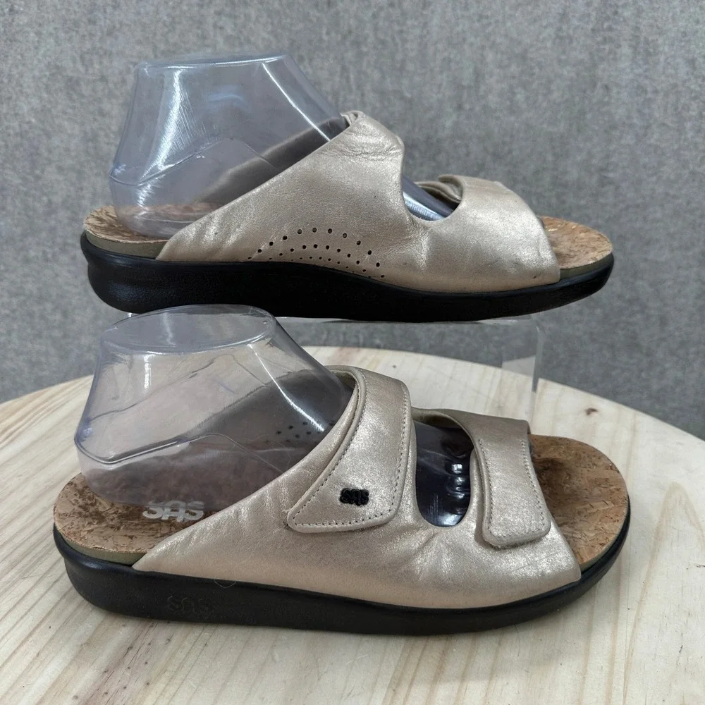 SAS Cozy Slide Sandals Womens 10 Gold Metallic Leather Adjustable Straps
